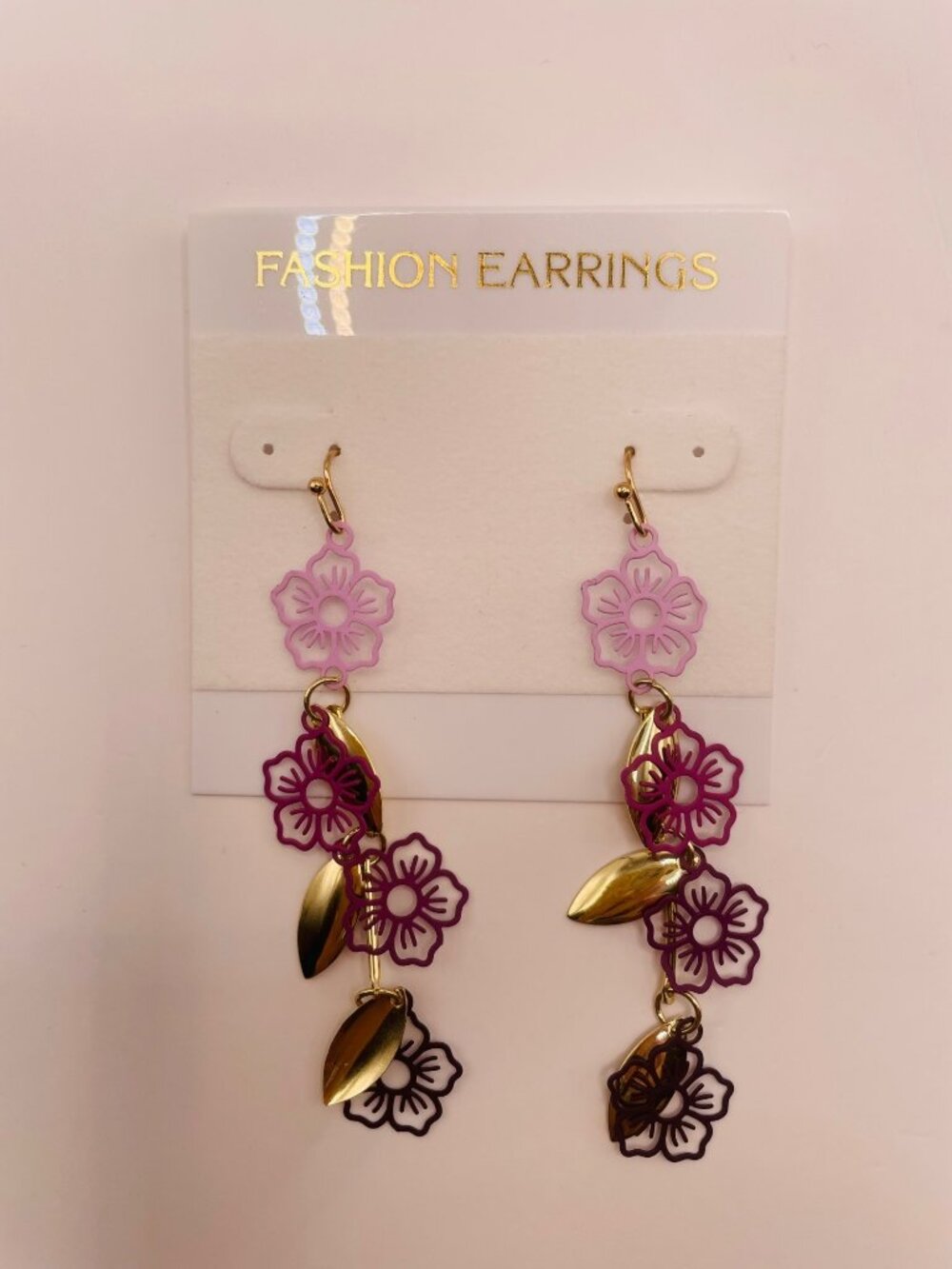 New Floral Drop Earrings Gold Leaf Accents Pink & Purple Tones -16B